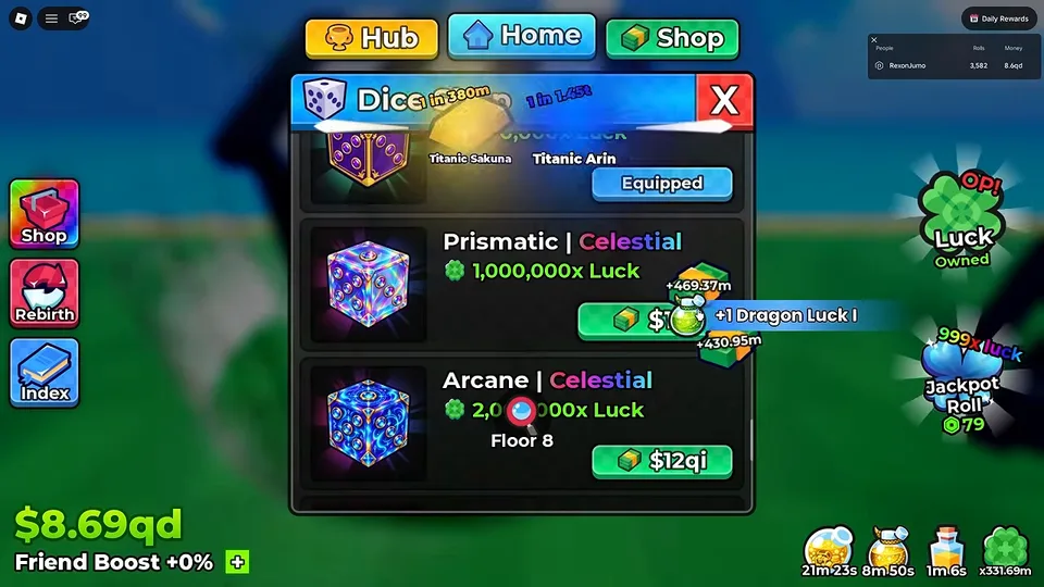 Anime Dice Dice Shop showing the Celestial tier โ Prismatic 1,000,000x Luck and Arcane 2,000,000x Luck